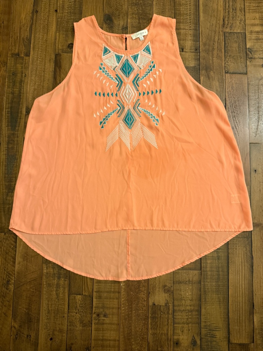 Umgee Coral Sleeveless Tank with Teal Embroidered Front